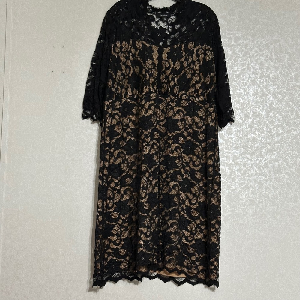 Karen Kane 2X Black Floral‎ Lace Overlay Dress Tan Lined 3/4 Sleeve Midi Length